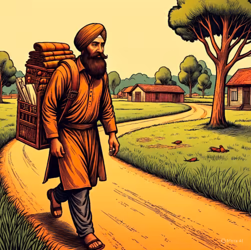 Sikhs in Australia 3 An illustration of a Sikh hawker walking door to door in rural Australia with a pack of goods on his back