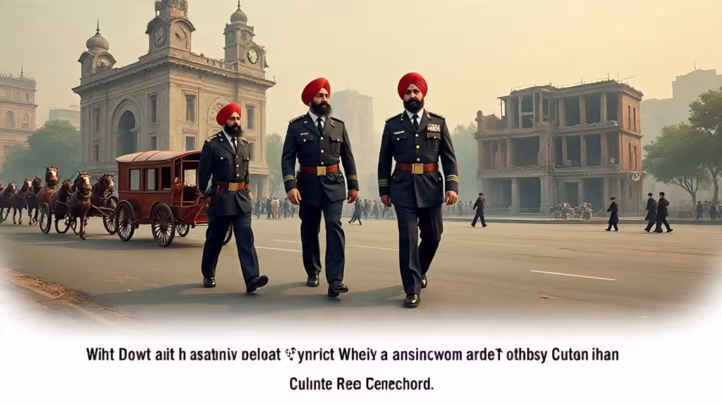 Historical image of Sikh police in traditional attire patrolling Shanghai in the early 20th century, transitioning to an empty street with a demolished gurdwara, symbolizing the decline of the Sikh population in China due to the Sino-Indian War and Cultural Revolution.Decline of Sikhs in China