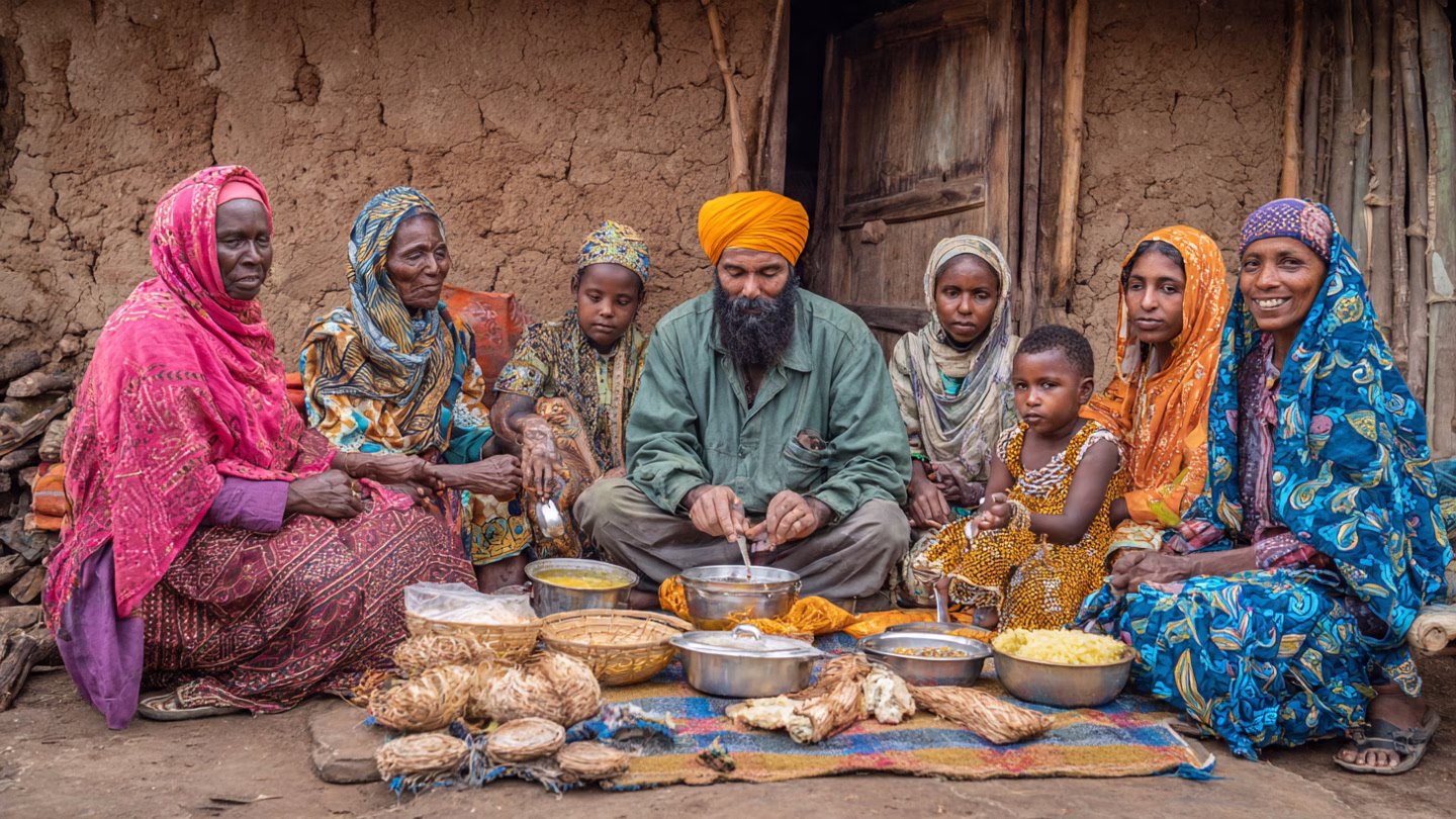 A Sikh sharing langar with Rwanda children.